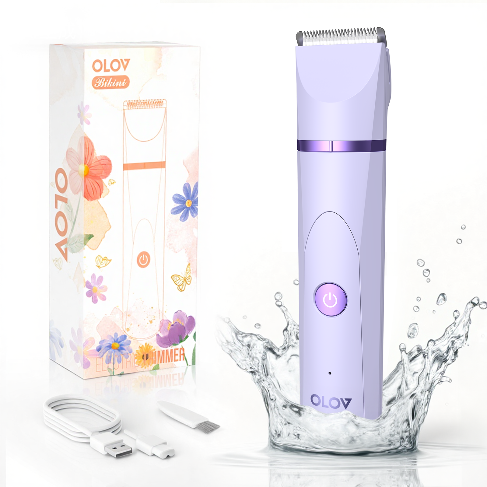 OLOV Electric Body Hair Trimmer Kit - Bikini, Groin & Underarm Grooming, Wet/Dry Shaver, USB Rechargeable, Waterproof Razor for Men & Women, Purple