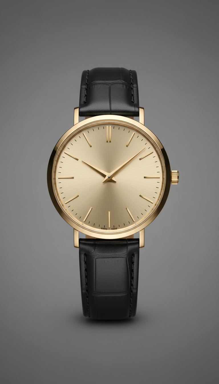 Champagne gold dial watch with black leather strap